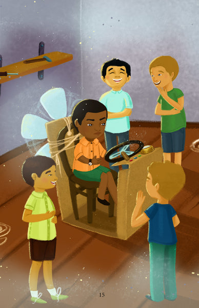 This interior image from Ronnie's Great Idea depicts Ronald as a young boy testing out his first time machine. When it doesn't work, his friends laugh at him.His friend