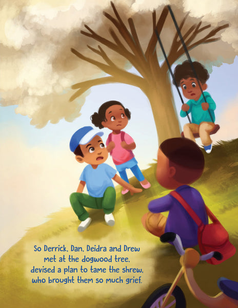 This interior image from Daffy Dog Diva shows four African American children sitting around a tree and planning how they can protect their pet dogs.