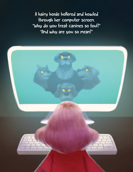 This interior image from Daffy Dog Diva shows the Diva looking at dogs in her computer screen. The dogs are asking her why she mistreats dogs.