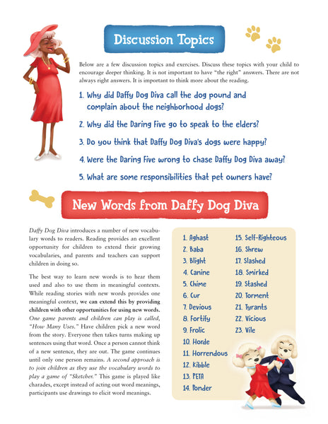 This interior image from Daffy Dog Diva is an educational resource for parents, teachers and homeschoolers. It presents children with discussion questions and vocabulary words.