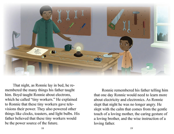 This interior image from Ronnie's Great Idea, shows a bit of personal Black history. Here Ronald's father is teaching him about electricity.